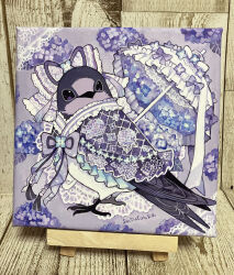 absurdres acrylic_gouache_(medium) acrylic_paint_(medium) animal animal_focus artist_name bird canvas_(object) closed_mouth clothed_animal commentary_request easel embroidery flower frills from_side full_body gouache_(medium) highres hydrangea indoors lace no_humans original painting_(medium) parasol photo_(medium) purple_eyes purple_flower purple_ribbon purple_theme ribbon solo susutouka swallow_(bird) traditional_media umbrella umbrella_flower wood