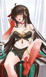 1girl absurdres bare_legs bare_shoulders barefoot black_hair chinese_clothes clothing_cutout colored_extremities feet fellatio_gesture gradient_skin hair_spread_out highres honkai:_star_rail honkai_(series) jewelry kulayueyue lingsha_(honkai:_star_rail) long_hair navel orange_eyes panties pointy_ears red_feet red_hands ring soles stomach_cutout thighs tongue tongue_out underwear white_panties
