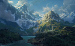 absurdres blue_sky castle cloud cloudy_sky commentary day english_commentary highres lake landscape mountain nature no_humans original outdoors philipp_urlich scenery sky tree