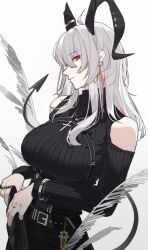 1girl ahoge alternate_costume artist_name bare_shoulders black_horns black_pants black_shirt black_tail bracelet breasts closed_mouth clothing_cutout commentary cowboy_shot curled_horns dated demon_tail earrings grey_hair hair_between_eyes highres horns jewelry key_earrings large_breasts leria_v long_hair long_sleeves looking_at_viewer mole mole_under_eye multicolored_hair pants red_eyes shirt shoulder_cutout solo streaked_hair tail turtleneck turtleneck_shirt wuthering_waves zani_(wuthering_waves)