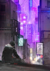 1boy anupatten black_hair building city city_lights cityscape cyberpunk fur-trimmed_jacket fur_trim highres jacket korean_text library_of_ruina neon_lights outdoors pete_(project_moon) project_moon railing sign sitting skyscraper solo