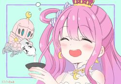 1girl 1other :d ^_^ armor bare_shoulders blue_background blush bottle candy_hair_ornament closed_eyes commentary crescent crescent_earrings crown cup earrings food-themed_hair_ornament full_armor hair_ornament hair_rings hand_up helm helmet highres himemori_luna himemori_luna_(1st_costume) holding holding_bottle holding_cup hololive jewelry kiritoma luknight_(himemori_luna) mini_crown one_side_up open_mouth pink_hair pouring signature smile upper_body