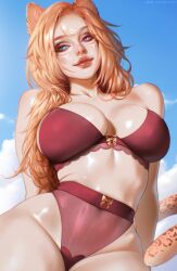 1girl absurdres animal_ears bare_shoulders bikini blue_eyes blue_sky breasts cleavage closed_mouth cmapca collarbone commentary facial_mark freckles heterochromia highres looking_at_viewer medium_breasts mole mole_on_breast navel orange_hair original outdoors pink_eyes red_bikini sky smile solo stomach swimsuit symbol-only_commentary tail thick_lips