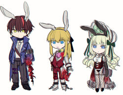 Rule 34 | 1girl, 2boys, adapted costume, animal ear hairband, animal ears, ascot, bakara (19083210), black choker, black leotard, black pants, black ribbon, black shoes, blue coat, blue eyes, bonnet, book, boots, brooch, brown hair, cape, chain, choker, clair vaux bernardus, closed mouth, coat, collared shirt, commentary request, cuffs, deformed, expressionless, eyelashes, fake animal ears, film grain, fishnet pantyhose, fishnets, flower, fur-trimmed cape, fur trim, green hair, green ribbon, hair ribbon, hairband, height difference, height lineup, highres, holding, holding book, jewelry, leg belt, leotard, long hair, long sleeves, multicolored hair, multiple boys, open clothes, open coat, open mouth, pants, pantyhose, pink ascot, rabbit ears, red cape, red flower, red hair, red pants, red rose, red vest, ribbon, rose, shackles, shirt, shoes, simple background, sketch, streaked hair, sweat, two-tone hair, umineko no naku koro ni, ushiromiya lion, vest, white background, white bonnet, white boots, white shirt, willard h. wright, yellow eyes