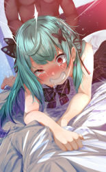 1boy 1girl bed_sheet blush bow bowtie braid breasts butterfly_hair_ornament clenched_teeth crying crying_with_eyes_open dark-skinned_male dark_skin doggystyle flat_chest fumihiko_(fu_mihi_ko) gradient_hair green_hair hair_ornament hetero highres hololive interracial long_hair multicolored_hair nipples pink_hair plaid_bow plaid_bowtie plaid_clothes red_eyes saliva saliva_trail sex sex_from_behind sheet_grab side_braid single_braid solo_focus sweat tears teeth torogao uruha_rushia uruha_rushia_(school_uniform) vaginal virtual_youtuber
