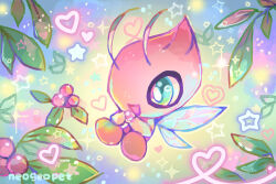 1other alternate_color artist_name berry bright_pupils celebi colored_skin colorful commentary english_commentary fairy gen_2_pokemon green_eyes highres hue_shifting iridescent leaf legendary_pokemon mythical_pokemon neogeopet nintendo open_mouth other_focus pink_skin pokemon pokemon_(creature) pokemon_focus shiny_pokemon smile solo sparkle white_pupils wings yume_kawaii