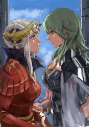 2girls blonde_hair blue_sky cape collared_cape couple double_bun dress edelgard_von_hresvelg edelgard_von_hresvelg_(timeskip) emika_(ww66229393) fake_horns female_byleth_(enlightened)_(fire_emblem) female_byleth_(fire_emblem) fire_emblem fire_emblem:_three_houses from_side green_eyes green_hair grey_jacket hair_bun hair_up hashtag-only_commentary headpiece high_collar highres horns indoors jacket jacket_on_shoulders looking_at_another looking_down looking_up multiple_girls nintendo open_clothes open_jacket parted_lips purple_eyes red_cape red_dress sky standing upper_body wavy_hair window yuri