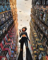Rule 34 | 1girl, bag, balcony, bell-bottoms, bird, black hair, black pants, blurry, blurry background, city, cityscape, clothesline, crop top, day, feet out of frame, full body, highres, holding, holding phone, original, pants, phone, road, sam yang, short hair, shoulder bag, solo, stomach, street, torn clothes, torn pants, window