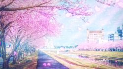 aobara1101 blue_sky bridge building canal cherry_blossoms cloud day falling_petals highres hotel no_humans original outdoors path pedestrian_bridge petals road scenery sky tree urban water