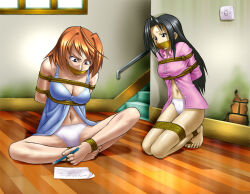 Rule 34 | 2girls, barefoot, bdsm, bondage, bound, bound together, breasts, cleavage, daikinbakuju, feet, gag, gagged, highres, improvised gag, indoors, kneeling, mizuki natsumi, mizuki natsumi (mama wa shougaku yonensei), multiple girls, my-hime, navel, restrained, shibari, sitting, tape, tape gag, tied up (nonsexual), toes, tokiha mai, wooden floor