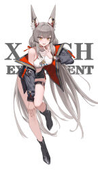 Rule 34 | 1girl, absurdres, animal ear fluff, animal ears, ankle boots, bare shoulders, black boots, black jacket, black skirt, blush, boots, breasts, cat ears, cat girl, commentary, crop top, cropped shirt, grey hair, highres, jacket, leaning forward, long hair, long sleeves, looking at viewer, low twintails, medium breasts, midriff, miniskirt, nia (xenoblade), o-ring, o-ring thigh strap, off shoulder, open clothes, open jacket, open mouth, shirt, simple background, skindentation, skirt, solo, standing, standing on one leg, teeth, thigh strap, thighs, twintails, upper teeth only, very long hair, white background, white shirt, xenoblade chronicles (series), xenoblade chronicles 2, xzu, yellow eyes