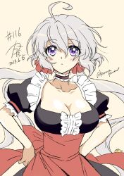 1girl ahoge blush breasts cleavage commentary_request dress grey_hair hair_between_eyes hair_ornament highres kanna_(plum) large_breasts long_hair looking_at_viewer low_twintails purple_eyes ribbon senki_zesshou_symphogear simple_background solo twintails white_hair yukine_chris
