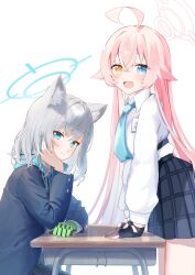 2girls ahoge animal_ear_fluff animal_ears blue_archive blue_eyes blue_halo blue_necktie blue_scarf cross_hair_ornament crossed_bangs eshineko fang fingerless_gloves gloves green_gloves grey_hair hair_ornament halo harebare_yurata heterochromia highres hoshino_(blue_archive) huge_ahoge long_sleeves medium_hair multiple_girls necktie pink_hair pink_halo plaid_clothes plaid_skirt scarf shiroko_(blue_archive) sidelocks simple_background single_glove sitting skin_fang skirt smile white_background