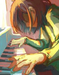 Rule 34 | 1other, artist name, black hair, deltarune, green sweater, instrument, kochi (morimoriko24), kris (deltarune), leaning forward, long sleeves, medium hair, music, no eyes, piano, playing instrument, playing piano, solo, striped clothes, striped sweater, sweater