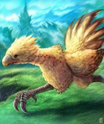 absurdres animal_focus beak bird blue_eyes blurry blurry_background chocobo creature feathers final_fantasy grass highres no_humans outdoors running solo talons uchi_vs_the_world watermark wings yellow_feathers