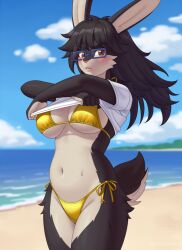 1girl beach bikini black_hair blush breasts brown_eyes clothes_lift cloud cristalavi embarrassed furry furry_female glasses gold_bikini large_breasts long_hair looking_at_viewer navel original rabbit_ears rabbit_girl rabbit_tail sand sideboob skindentation water water_drop