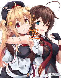 Rule 34 | 2girls, ahoge, beret, black gloves, black hat, black shirt, black skirt, blue eyes, braid, breasts, brown eyes, brown hair, cheek poking, chest harness, commentary request, fingerless gloves, gloves, gradient hair, hair between eyes, hair flaps, hair ornament, hair over shoulder, hairpin, happy anniversary, harness, hat, heterochromia, highres, hug, hug from behind, kantai collection, large breasts, light brown hair, long hair, minosu, multicolored hair, multiple girls, murasame (kancolle), murasame kai ni (kancolle), necktie, one eye closed, poking, red eyes, red necktie, sailor collar, school uniform, shigure (kancolle), shigure kai san (kancolle), shirt, single braid, skirt, sleeveless, sleeveless shirt, smile, two-tone shirt, two side up, white background, white sailor collar, white shirt, yellow eyes