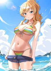 1girl :o bikini blonde_hair blue_eyes blue_shorts blue_sky blush breasts cleavage cloud collarbone commentary denim denim_shorts eyelashes front-tie_bikini_top front-tie_top highres idolmaster idolmaster_cinderella_girls large_breasts long_hair looking_at_viewer multicolored_bikini navel niban_(puka_0507) ocean ohtsuki_yui outdoors ponytail pulling_own_clothes shorts side-tie_bikini_bottom sidelocks sky solo stomach striped_bikini striped_clothes sunlight swimsuit thighs underboob