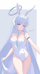 1girl absurdres alternate_costume animal_ears armband bare_shoulders between_breasts black_armband blue_archive blue_necktie blush breasts closed_mouth collar collarbone commentary cowboy_shot dated_commentary detached_collar fake_animal_ears grey_eyes grey_hair grey_halo halo highres large_breasts leotard long_hair looking_at_viewer mechanical_halo necktie necktie_between_breasts noa_(blue_archive) playboy_bunny rabbit_ears signature smile solo strapless strapless_leotard unishaho very_long_hair white_collar white_leotard
