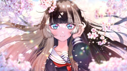 Rule 34 | 1girl, alternate costume, black hair, black shirt, blue eyes, blurry, cherry blossoms, collarbone, depth of field, floating hair, hand in own hair, highres, hololive, hololive dev is, juufuutei raden, looking at viewer, neckerchief, red neckerchief, sailor collar, school uniform, serafuku, shirt, smile, solo, suzuka (suzukawu), upper body, virtual youtuber, white hair, white sailor collar