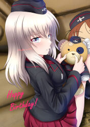 Rule 34 | 1girl, black hat, black jacket, blue eyes, blush, boko (girls und panzer), commentary, cursive, english text, garrison cap, girls und panzer, grey hair, half-closed eyes, happy birthday, hat, highres, holding, holding stuffed toy, insignia, itsumi erika, jacket, kuromorimine military uniform, long sleeves, medium hair, military hat, military uniform, military vehicle, miniskirt, motor vehicle, on vehicle, parted lips, pleated skirt, red shirt, red skirt, redbaron, shirt, skirt, solo, stuffed animal, stuffed toy, tank, teddy bear, twitter username