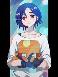 1boy artist_name black_gloves blue_hair collarbone colored_inner_hair commentary english_text gloves gundam gundam_gquuuuuux highres holding light_smile looking_at_viewer male_focus mixed-language_text multicolored_hair noah_(tettsui-sole) non-humanoid_robot pillarboxed purple_hair red_eyes robot shirt short_hair shuji_ito solo twitter_username two-tone_hair upper_body watermark white_shirt
