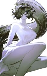 1girl absurdres barefoot black_hair breasts colored_skin dress eyelashes facing_viewer foot_out_of_frame grey_skin hair_over_one_eye half-closed_eyes high_ponytail highres large_breasts long_hair looking_at_viewer ponytail pungson_mori see-through_clothes sitting solid_circle_eyes solo the_ring tight_clothes very_long_hair white_background white_dress yamamura_sadako yokozuwari