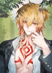 1boy alternate_costume black_jacket black_nails blonde_hair braid chest_tattoo chinese_commentary collared_shirt commentary_request earrings facial_tattoo gold_earrings gradient_hair hair_between_eyes highres honkai_(series) honkai_impact_3rd jacket jewelry large_pectorals looking_at_viewer male_focus medium_hair multicolored_hair mydei_(honkai:_star_rail) open_clothes open_jacket open_shirt pectoral_cleavage pectorals ponytail red_hair red_tattoo shirt side_braid solo tattoo upper_body white_shirt xingzhi2025 yellow_eyes