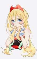 1girl blonde_hair blue_eyes blush bracelet breasts closed_mouth cocoa_s3 eyelashes hair_between_eyes hairband highres irida_(pokemon) jewelry long_hair looking_at_viewer neck_ring nintendo pokemon pokemon_legends:_arceus red_hairband red_shirt sash shirt shorts simple_background solo strapless strapless_shirt upper_body white_background