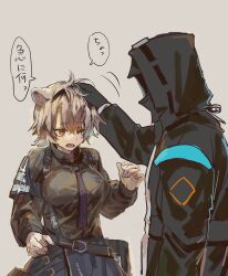 1girl 1other absinthe_(arknights) animal_ears arknights bear_ears bear_girl black_coat black_hairband blue_skirt breasts brown_background brown_shirt coat covered_face doctor_(arknights) hairband hand_up headpat highres hood hood_up hooded_coat large_breasts long_sleeves looking_at_another low_ponytail mask mutomorokoshi necktie one_eye_closed open_mouth ponytail purple_necktie red_eyes shirt short_hair short_ponytail simple_background skirt translation_request upper_body