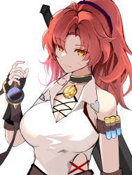 Rule 34 | 1girl, absurdres, bare shoulders, breasts, brown gloves, claymore (sword), cleavage, fingerless gloves, gloves, goggles, highres, holding, honkai (series), honkai impact 3rd, large breasts, long hair, looking at viewer, murata himeko, murata himeko (arctic kriegsmesser), murata himeko (frisian cutlass), ponytail, red hair, shirt, simple background, sleeveless, sleeveless shirt, solo, sparks summer, sword, upper body, weapon, weapon on back, white background, white shirt, yellow eyes