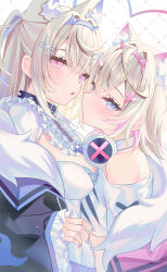 Rule 34 | 2girls, animal ears, asymmetrical docking, black choker, black jacket, blonde hair, blue eyes, blue gemstone, blue nails, breast press, breasts, chestnut mouth, choker, cropped shirt, dog ears, double-parted bangs, fur-trimmed jacket, fur trim, fuwawa abyssgard, fuwawa abyssgard (1st costume), gem, hair ornament, hairclip, headphones, headphones around neck, highres, hololive, hololive english, horn hairband, jacket, kiriii, light blush, long hair, looking at viewer, medium breasts, mococo abyssgard, mococo abyssgard (1st costume), multicolored hair, multiple girls, pink eyes, shirt, short hair, sidelocks, single bare shoulder, streaked hair, virtual youtuber, white shirt