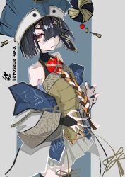 1girl absurdres bare_shoulders black_hair bridal_gauntlets brown_eyes chinese_clothes fate/grand_order fate_(series) fingernails flat_chest hair_over_one_eye hat heart-shaped_mole highres long_sleeves looking_at_viewer mole mole_under_eye nail_polish orb robe sharp_fingernails short_hair solo tassel tsukaasa white_robe wide_sleeves xu_fu_(fate) xu_fu_(first_ascension)_(fate)