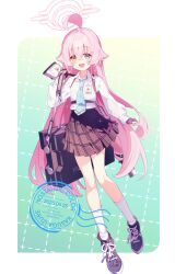 1girl abydos_high_school_logo ahoge black_gloves blue_archive blue_eyes blue_necktie crossed_bangs fingerless_gloves full_body gloves halo heterochromia highres hoshino_(blue_archive) huge_ahoge kasuga_haruhi long_hair necktie pink_hair pink_halo plaid_clothes plaid_skirt skirt smile solo watermark yellow_eyes