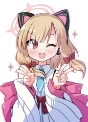 1girl ;d animal_ear_headphones animal_ears aqua_necktie blonde_hair blue_archive blurry blush bow cat_ear_headphones cat_ears coat collared_shirt commentary_request depth_of_field dot_nose double_v dress_shirt drop_shadow eyes_visible_through_hair fake_animal_ears floating_hair hair_bow halftone halo hands_up headphones highres long_sleeves looking_at_viewer low-tied_sidelocks medium_hair momoi_(blue_archive) multicolored_coat necktie off_shoulder one_eye_closed open_mouth oversized_clothes parted_bangs partial_commentary pink_coat pink_halo red_bow red_eyes school_uniform shirt sidelocks simple_background smile solo sparkle straight-on suspenders teeth upper_body upper_teeth_only v v-shaped_eyebrows white_background white_coat white_shirt wing_collar yuuhi_alpha