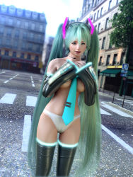 00s 1girl 3d between_breasts breasts female_focus green_hair hatsune_miku incise_soul looking_at_viewer m-rs necktie necktie_between_breasts solo standing thighhighs twintails vocaloid