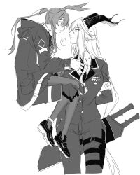 amiya_(arknights) animal_ears arknights armband ascot asymmetrical_sidelocks black_jacket brown_horns degenbrecher_(arknights) frilled_ascot frills goat_ears goat_girl goat_horns goat_tail green_pants hair_flowing_over highres hood hooded_jacket horns jacket jewelry kjerag_logo lapels medal military_jacket monochrome multiple_rings notf_404 orange_shirt pants print_armband rabbit_ears rabbit_girl ring shirt thumb_ring white_armband
