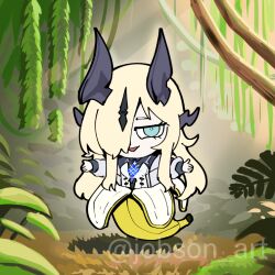 1girl ai-generated_art_(topic) arknights banana blonde_hair blue_eyes chibi commentary commentary_request dragon_girl dragon_horns english_commentary food fruit hair_over_one_eye horns italian_brainrot_ai_animals_(meme) long_hair meme mixed-language_commentary necrass_(arknights) sleepyowl_(jobkung15) solo