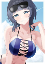 1girl absurdres asaka_karin bikini blue_bikini blue_eyes blue_hair blue_sky blunt_bangs blush breasts cleavage cloud collarbone commentary_request eyewear_on_head highres large_breasts looking_at_viewer love_live! love_live!_nijigasaki_high_school_idol_club medium_hair mole mole_on_collarbone multiple_moles sky smile sunglasses swimsuit yuu_(shampoohatslime)