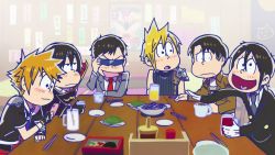Rule 34 | 10s, 6+boys, :3, :d, adjusting eyewear, alcohol, armor, ascot, beer, black hair, blazer, blonde hair, blush, bored, brothers, brown hair, cape, cellphone, chopsticks, cioccolatodorima, cloud strife, code geass, coffee, commentary, cropped jacket, crossover, cup, d:, drinking glass, drinking straw, excited, final fantasy, final fantasy vii, fingerless gloves, food, frown, fukuyama jun, gekkan shoujo nozaki-kun, glass, gloves, hair between eyes, half-closed eyes, heart, heart in mouth, holding, holding phone, ice, ice cube, indoors, irino miyu, jacket, kamiya hiroshi, kingdom hearts, kuroshitsuji, lelouch vi britannia, levi (shingeki no kyojin), long sleeves, looking at another, male focus, matsuno choromatsu, matsuno ichimatsu, matsuno jyushimatsu, matsuno karamatsu, matsuno osomatsu, matsuno todomatsu, military, military uniform, mug, multiple boys, multiple crossover, nakamura yuuichi, necktie, nozaki umetarou, ono daisuke, open mouth, osomatsu-kun, osomatsu-san, osomatsu (series), parody, phone, plate, red necktie, restaurant, sakurai takahiro, school uniform, sebastian michaelis, sextuplets, shingeki no kyojin, siblings, sleeveless, smile, sora (kingdom hearts), spiked hair, style parody, sunglasses, table, voice actor connection, white gloves, wine, wooden table