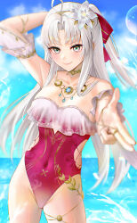 1girl absurdres ahoge anoreika_tomoe aqua_eyes arm_up bare_shoulders blue_sky blush bow breasts carlotta_(wuthering_waves) casual_one-piece_swimsuit closed_mouth clothing_cutout collarbone commentary covered_navel cowboy_shot cutout_above_navel day finger_gun flower grey_hair hair_bow hair_flower hair_ornament highleg highleg_one-piece_swimsuit highres long_hair looking_at_viewer medium_breasts official_alternate_hair_color one-piece_swimsuit outdoors parted_bangs pink_bow pink_one-piece_swimsuit side_cutout sky smile solo striped_bow swimsuit wet white_flower wuthering_waves