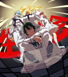 Rule 34 | 1girl, 3boys, arms behind back, belt pouch, blue hair, bone, crossed arms, dark-skinned male, dark skin, dress, gamagoori ira, glasses, green eyes, green hair, grin, hat, high collar, honnoji academy school uniform, inumuta houka, jacket, jakuzure nonon, kayasamad, kill la kill, long coat, looking at viewer, looking to the side, multiple boys, muscular, muscular male, necktie, pants, perspective, pink eyes, pink hair, pleated dress, pouch, protected link, puffy short sleeves, puffy sleeves, ribbed shirt, sanageyama uzu, school uniform, shako cap, shirt, shoes, short sleeves, shouting, sidelocks, skull ornament, smile, spikes, squatting, star (symbol), white dress, white necktie