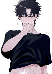 Rule 34 | 1boy, 1other, bite mark, black hair, black shirt, blush, cheng xiaoshi, closed eyes, clothes lift, cum, cum on body, hand on another&#039;s waist, hand on own face, hand under clothes, hand under shirt, hickey, highres, implied sex, implied yaoi, leleee 00, male focus, multiple boys, navel, open mouth, out-of-frame censoring, shiguang dailiren, shirt, shirt lift, short hair, short sleeves, simple background, solo focus, sweat, t-shirt, teeth, trembling, upper body, white background, yaoi