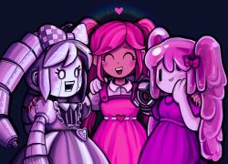 3girls :d ^_^ arm_around_shoulder belt black_background black_nails blush bow buttons checkered_bow checkered_clothes closed_eyes collared_shirt colored_skin commentary dark-skinned_female dark_skin double-parted_bangs dress english_commentary facing_viewer fewer_digits hair_between_eyes hair_bow hair_tie hand_on_own_cheek hand_on_own_face hands_on_another&#039;s_shoulders heart heart_belt highres humanoid_robot liquid_hair mechanical_arms monster_girl multiple_girls mutantheart_(omori) nail_polish noogaats omori open_mouth perfectheart_(omori) pink_belt pink_bow pink_dress pink_skin puffy_short_sleeves puffy_sleeves roboheart_(omori) robot shirt short_sleeves simple_background sleeveless sleeveless_dress slime_girl smile teeth tongue twintails upper_body upper_teeth_only white_shirt