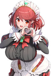 1girl absurdres apron blush breasts chest_jewel core_crystal_(xenoblade) earrings gonzarez headpiece highres jewelry large_breasts looking_at_viewer maid maid_apron maid_headdress open_mouth pyra_(xenoblade) red_eyes red_hair short_hair smile solo swept_bangs tiara xenoblade_chronicles_(series) xenoblade_chronicles_2