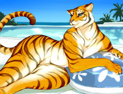 1girl animal_hands blue_eyes blue_sky body_fur claws clear_sky commentary_request digitigrade furry furry_female innertube kikurage_(crayon_arts) lying on_side orange_fur original outdoors palm_tree pool sky solo swim_ring tail tiger_girl tree