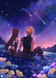 Rule 34 | 1boy, 1girl, arm support, armor, baggy pants, bare shoulders, black gloves, black hair, black skirt, black thighhighs, blonde hair, blue flower, boots, bracelet, breasts, brown hair, cloud, cloud strife, cloudy sky, commentary, crop top, elbow gloves, english commentary, final fantasy, final fantasy vii, final fantasy vii rebirth, final fantasy vii remake, flower, from behind, full body, gloves, grass, highres, holding hands, jewelry, large breasts, long hair, looking up, low-tied long hair, materia, miniskirt, mountainous horizon, night, night sky, outdoors, pants, pink flower, purple flower, reishichi, shooting star, shoulder armor, single bare shoulder, sitting, skirt, sky, sleeveless, sleeveless turtleneck, sparkle, spiked hair, star (sky), starry sky, suspenders, sweater, tank top, thighhighs, tifa lockhart, turtleneck, turtleneck sweater, water, white tank top, yellow flower