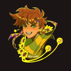 Rule 34 | 1boy, battle tendency, black background, brown hair, clacker, commentary, cropped shoulders, english commentary, flower, green eyes, green scarf, headband, highres, jojo no kimyou na bouken, joseph joestar, joseph joestar (young), male focus, multicolored headband, multicolored scarf, nolvini, one eye closed, portrait, purple headband, scarf, short hair, smile, solo, star (symbol), striped clothes, striped scarf, sunflower, triangle print, yellow headband, yellow scarf, yellow theme