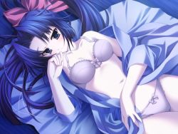 Rule 34 | 00s, 1girl, blue eyes, blue hair, blush, bow, bow bra, bow panties, bra, female focus, game cg, gift (game), hokazono rinka, lace, lace-trimmed bra, lace-trimmed panties, lace trim, lingerie, lying, matching hair/eyes, mitha, on back, open clothes, open shirt, panties, shirt, solo, twintails, underwear, white bra, white panties