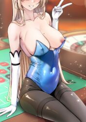1girl aga_marino asuna_(blue_archive) asuna_(bunny)_(blue_archive) bad_tag black_pantyhose blonde_hair blue_archive blue_leotard breasts eyes_out_of_frame gloves head_out_of_frame huge_breasts large_breasts leotard long_hair mole mole_on_breast nipple_slip nipples official_alternate_costume pantyhose playboy_bunny poker_table sitting sitting_on_table smile strapless strapless_leotard table tight_clothes v
